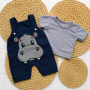 Macacão curto bebê Menino + Camisa Hipopotamo Fofo