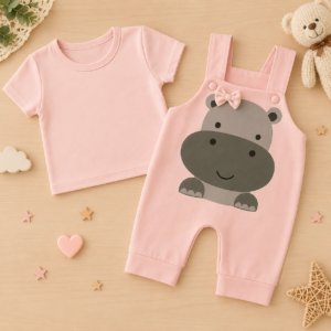 Kit Macacão Curto + Camiseta para bebe Menina Tematico Hipopotamo fashion