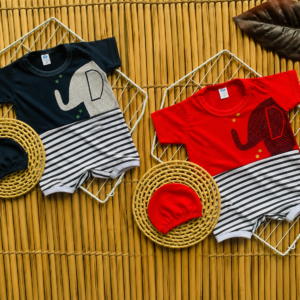 Kit jardineira + boné Elefantinho para bebê menino roupa de verão para menino calor
