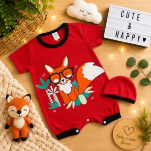 Kit Macacão para bebê curto Menino + Touca Raposa de bebê menino