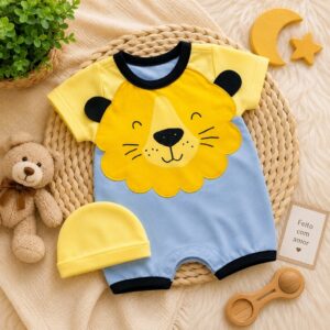 Macacão curto para bebê menino Kit Macacão Leãozinho + Touquinha