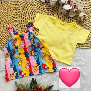 Vestido Romper Ursinho Amarelo de Bebê Menina Verão Algodão 6 a 9 Meses Passeio