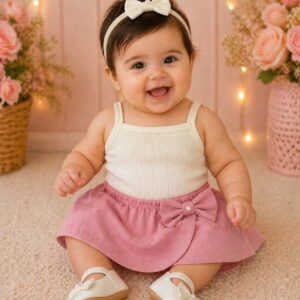 Alternative view of Conjunto bebê menina – Saia Rosa com Laço, Super Confortável