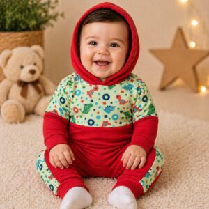 Conjunto Bebê Menino Multicolorido Manga Longa com Capuz – Ideal para Dias Frescos