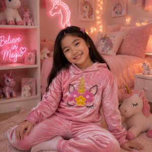 Conjunto Infantil Feminino Plush Unicórnio com Capuz Inverno Menina Super Macio