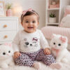 Conjunto Bebê menina Inverno Gatinha com Lacinho e Calça Estampada