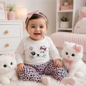 Conjunto Bebê menina Inverno Gatinha com Lacinho e Calça Estampada