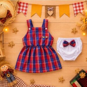 Alternative view of Vestido Caipira Infantil Feminino Xadrez com Tapa Fralda São João Bebê