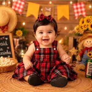 Vestido Caipira Infantil Feminino Xadrez com Tapa Fralda São João Bebê