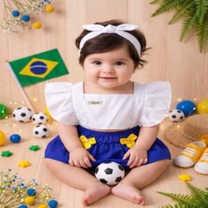 Alternative view of Romper para bebê menina Temático copa do Brasil ensaio mesversario fotos