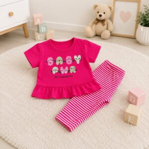 Alternative view of Conjunto de Bebê Menina Rosa | Blusinha Manga Curta com Calça Listrada