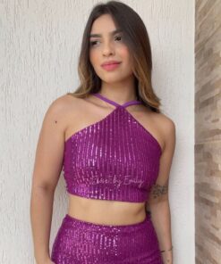 Cropped paetê frente única charlotte roxo
