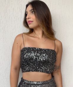 Top faixa com alça paetê preto com prata