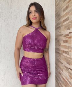 Conjunto paetê 4 amarrações em 1 charlotte frente única + saia carnaval - Imagem 8