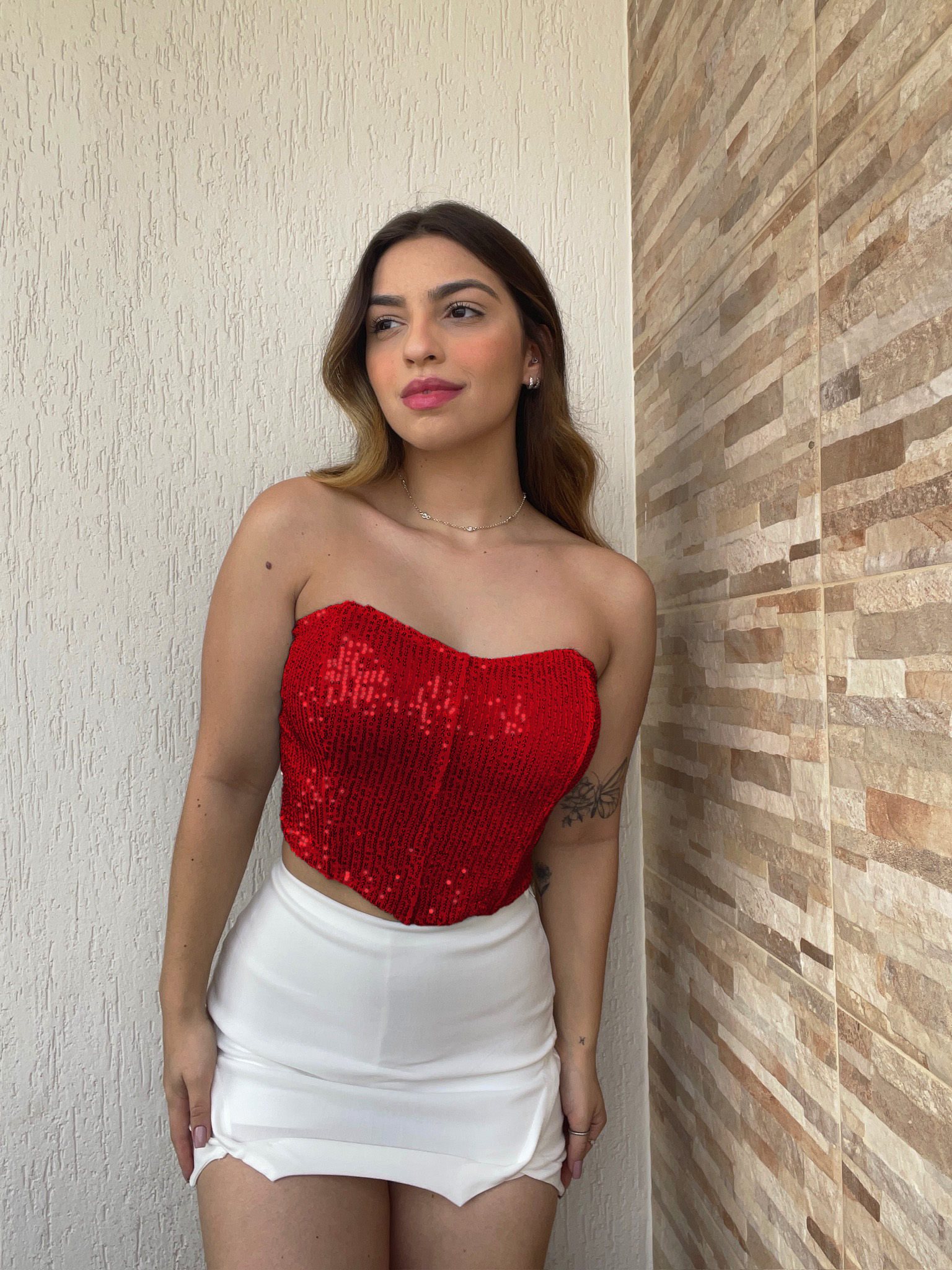 Cropped corset paetê vermelho