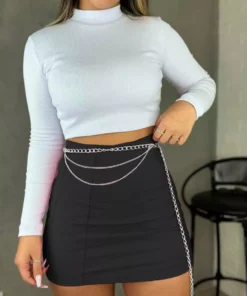 Kit Short Saia Bengaline + Cinto Corrente Prata