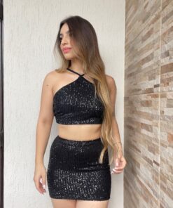 Conjunto paetê 4 amarrações em 1 charlotte frente única + saia carnaval - Imagem 3