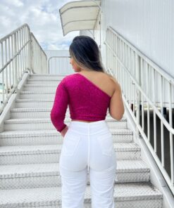 Cropped Paetê Manga Única Rosa Pink - Imagem 3