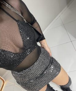 Look Paetê Saia + Cropped Amarração + Body Tule - Imagem 6