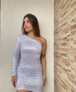 Vestido paetê branco com prata manga única - Imagem 3