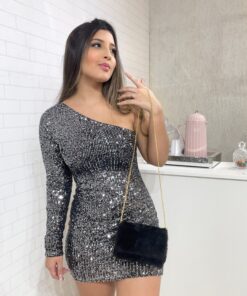 Vestido paetê preto com prata manga única