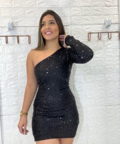 Alternative view of Vestido paetê preto manga única