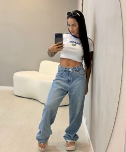Calça Jeans Wide Leg Com Brilho Aplicações de Strass - Imagem 3